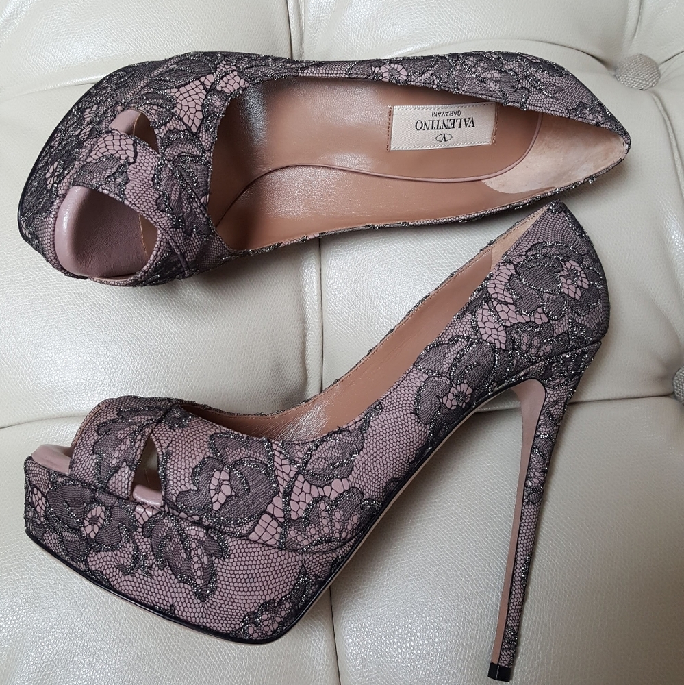 Valentino Beaded Lace Platform Peep Toe Shoes 39.5